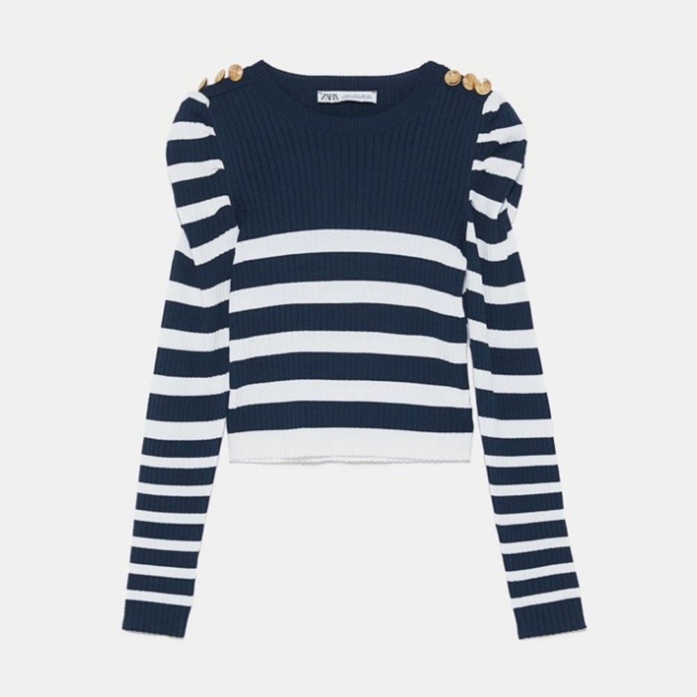 Striped cropped sweater with puff shoulder